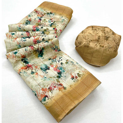 Cream & Brown Floral Digital Printed Cotton Blend Saree