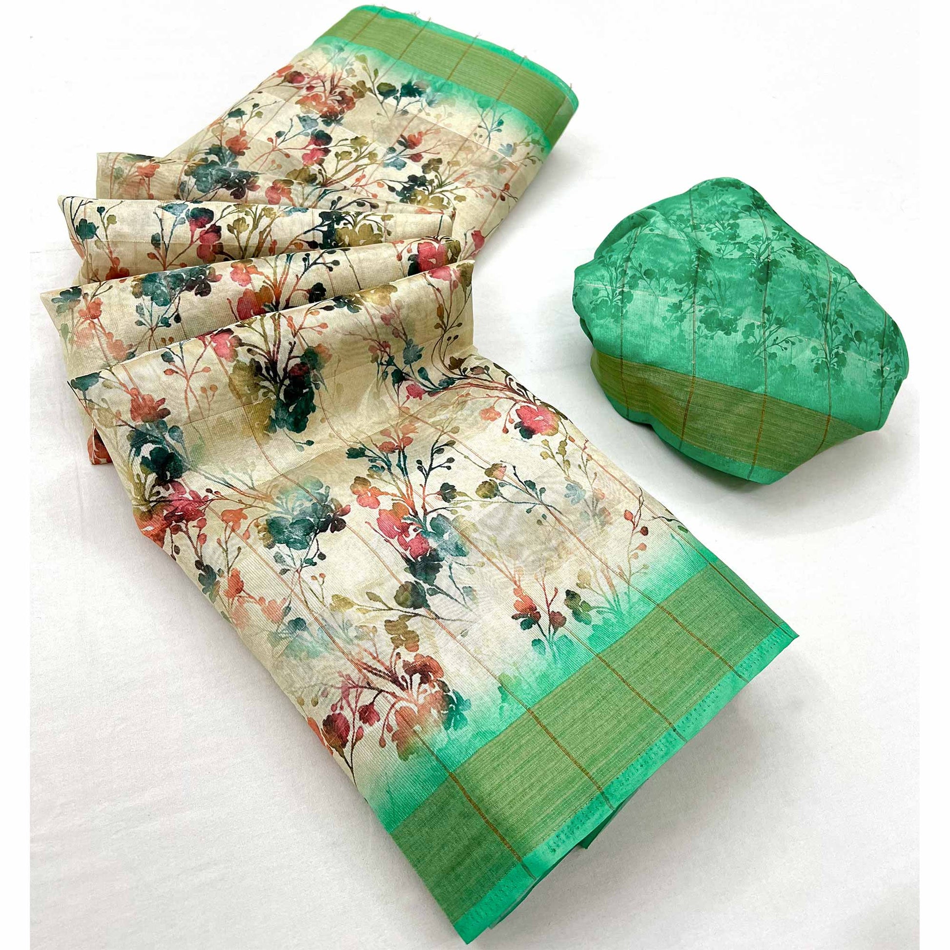 Cream & Rama Green Floral Digital Printed Cotton Blend Saree