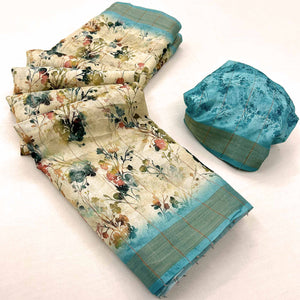 Cream & Blue Floral Digital Printed Cotton Blend Saree