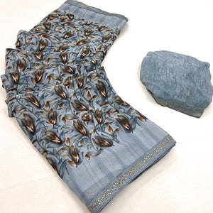 Bluish Grey Floral Printed Georgette Saree