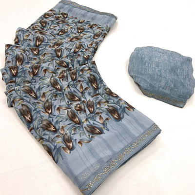Bluish Grey Floral Printed Georgette Saree