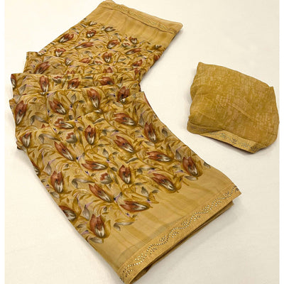 Dark Mustard Floral Printed Georgette Saree