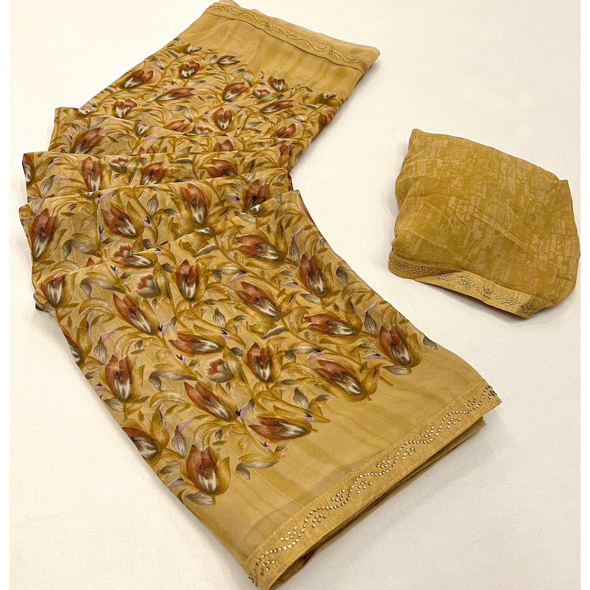 Dark Mustard Floral Printed Georgette Saree