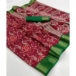 Maroon Floral Printed Dola Silk Saree With Woven Border