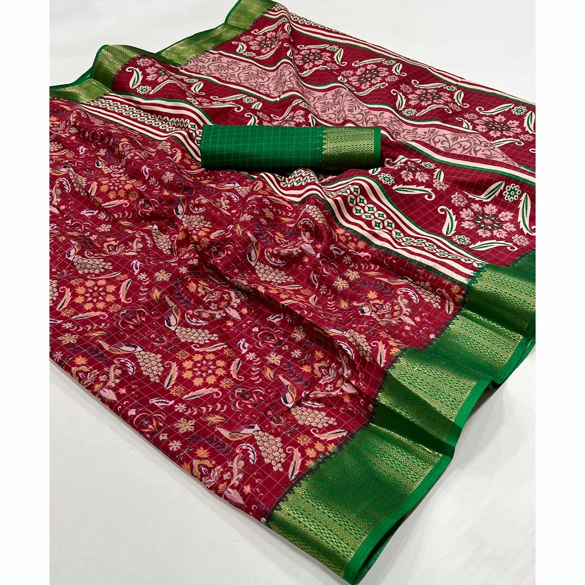 Maroon Floral Printed Dola Silk Saree With Woven Border