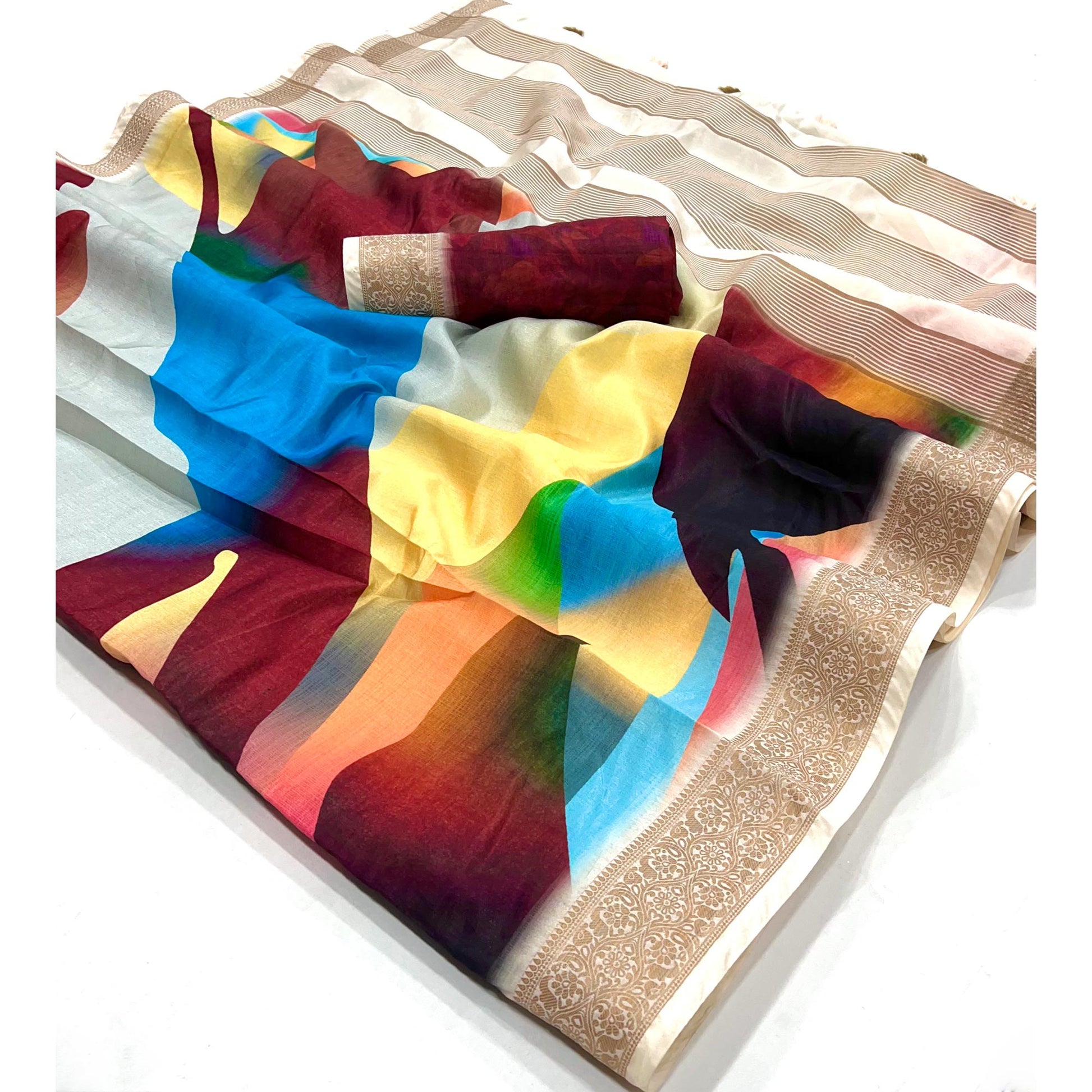 Multicolor Digital Printed Dola Silk Saree With Woven Border
