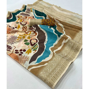 Chikoo Digital Printed Dola Silk Saree With Woven Border