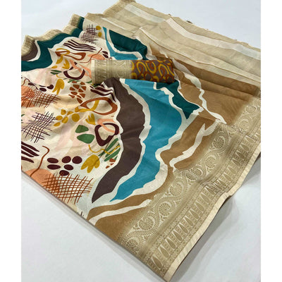 Chikoo Digital Printed Dola Silk Saree With Woven Border
