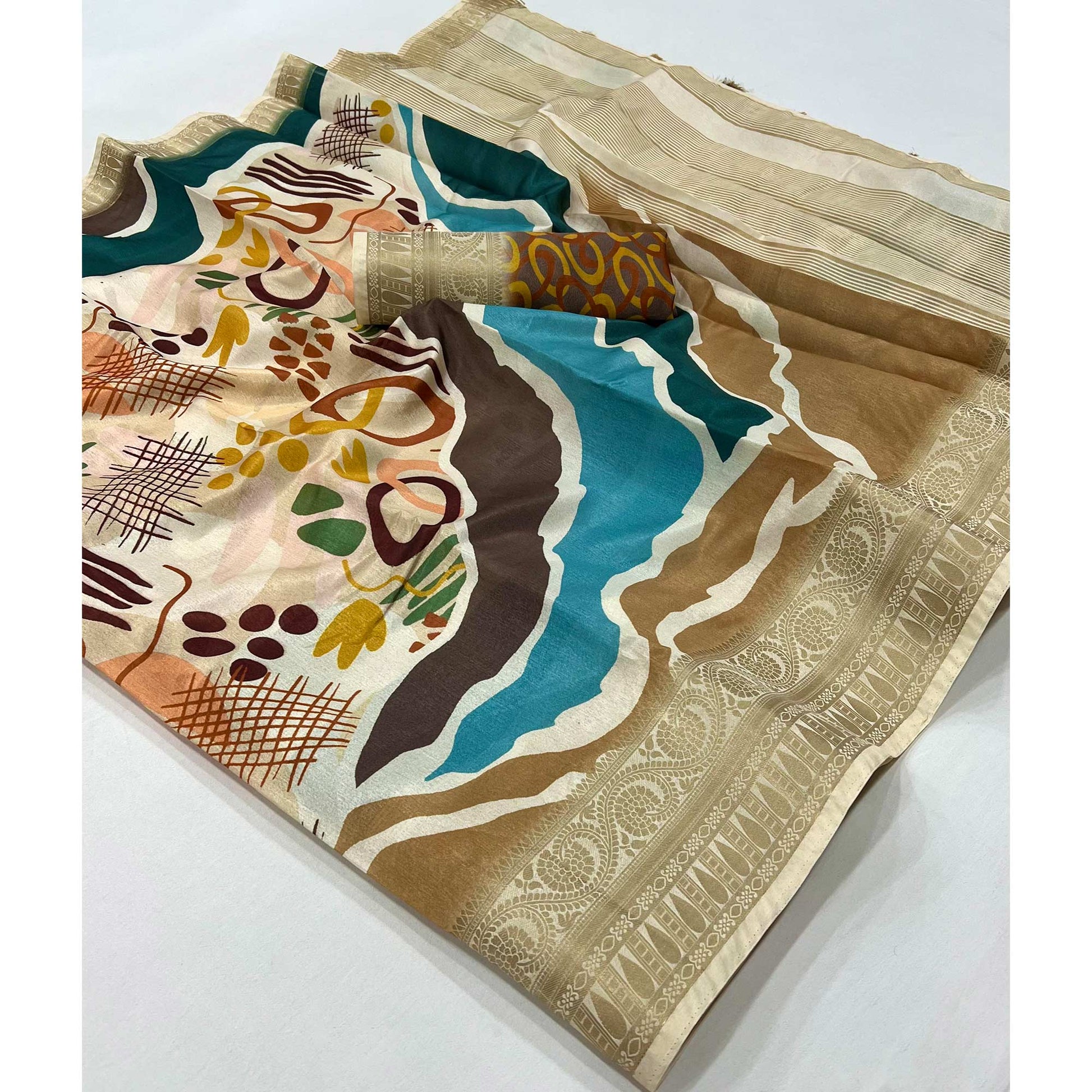 Chikoo Digital Printed Dola Silk Saree With Woven Border
