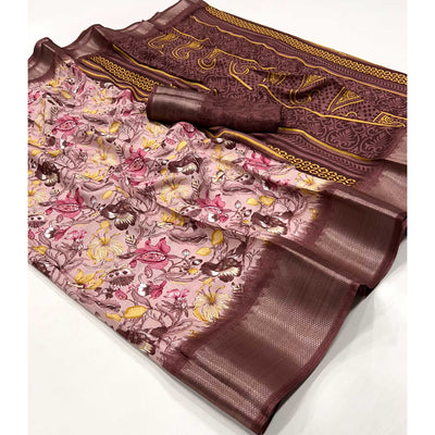 Dusty Peach Floral Printed Dola Silk Saree With Woven Border