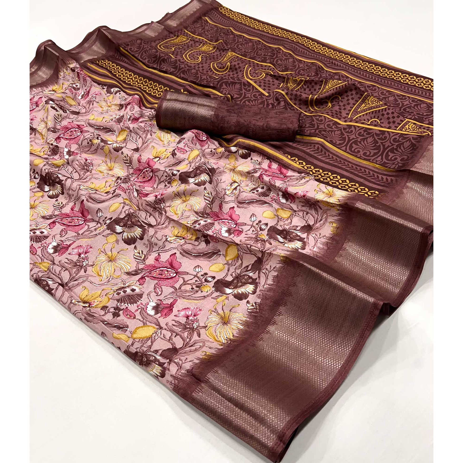 Dusty Peach Floral Printed Dola Silk Saree With Woven Border