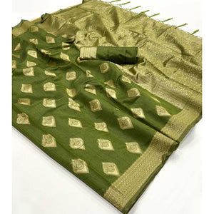 Mehendi Green Woven Cotton Blend Saree With Tassels