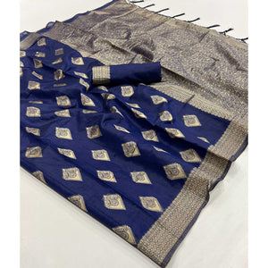 Blue Woven Cotton Blend Saree With Tassels