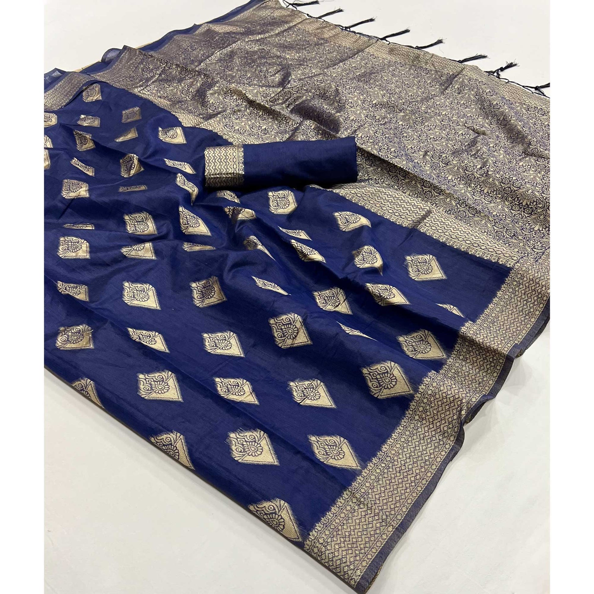 Blue Woven Cotton Blend Saree With Tassels