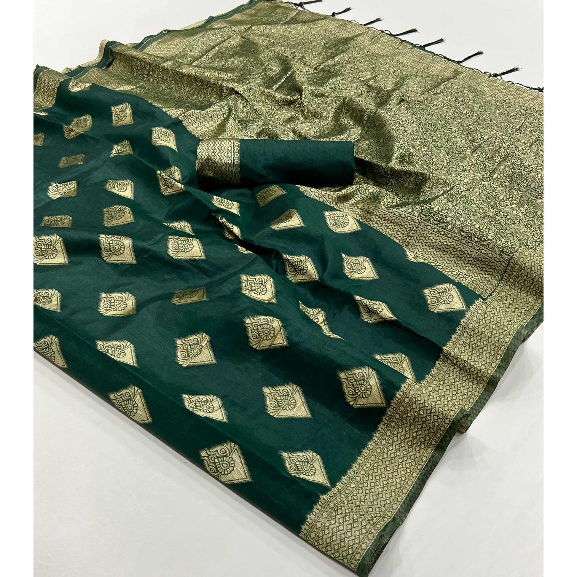 Bottle Green Woven Cotton Blend Saree With Tassels