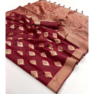 Maroon Woven Cotton Blend Saree With Tassels