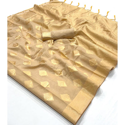 Chikoo Woven Cotton Blend Saree With Tassels