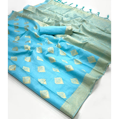 Blue Woven Cotton Blend Saree With Tassels