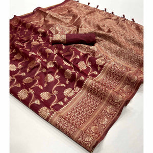 Maroon Floral Woven Cotton Blend Saree With Tassels