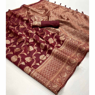 Maroon Floral Woven Cotton Blend Saree With Tassels