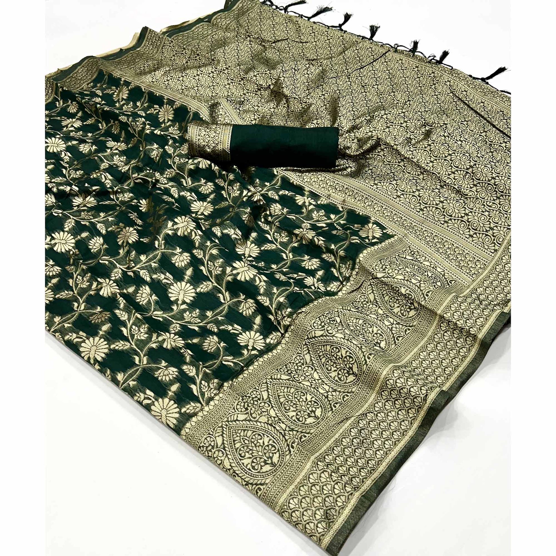green-floral-woven-cotton-blend-saree-with-tassels-5