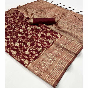 Maroon Floral Woven Cotton Blend Saree With Tassels