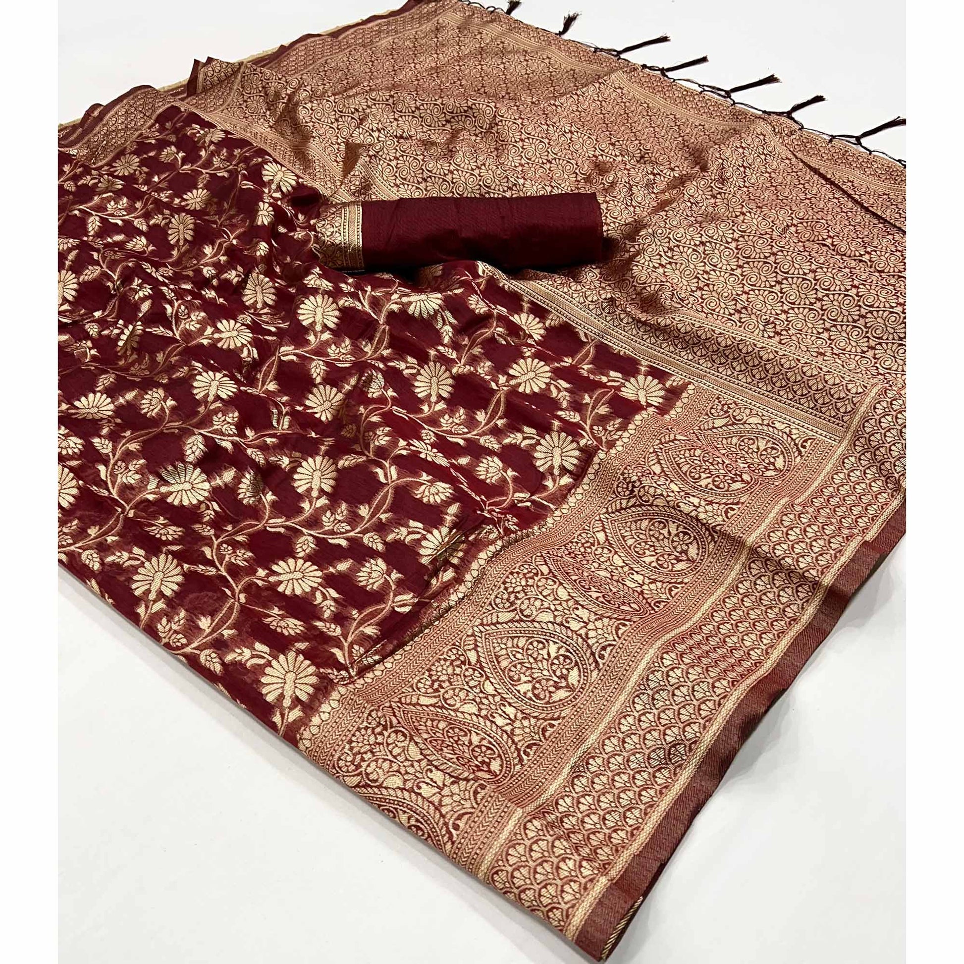 Maroon Floral Woven Cotton Blend Saree With Tassels