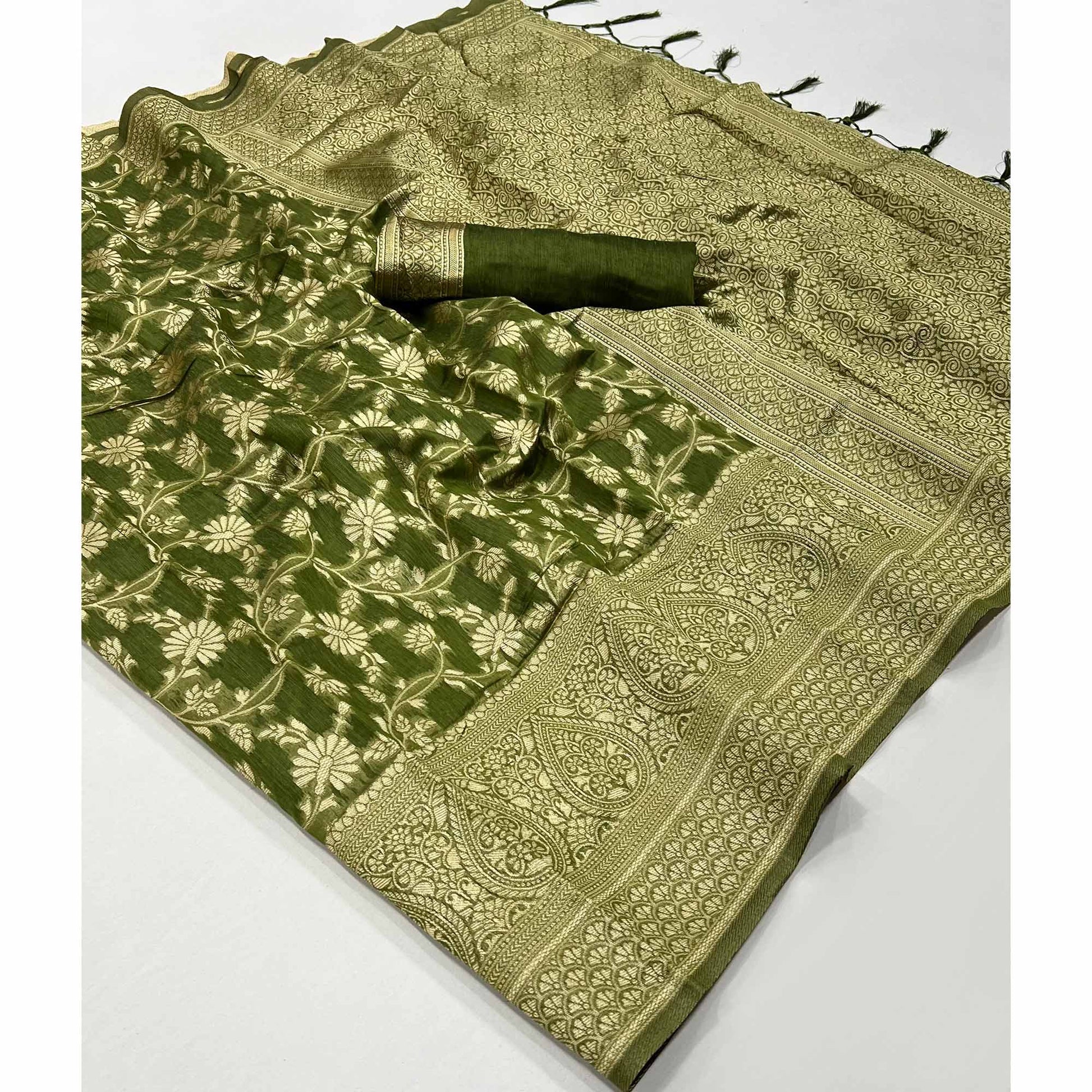 green-floral-woven-cotton-blend-saree-with-tassels-4