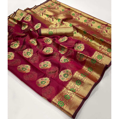 Maroon Floral Woven Organza Saree