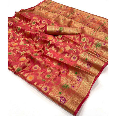 Gajari Pink Floral Woven Organza Saree