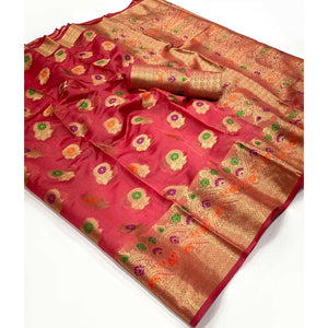 Gajari Pink Floral Woven Organza Saree