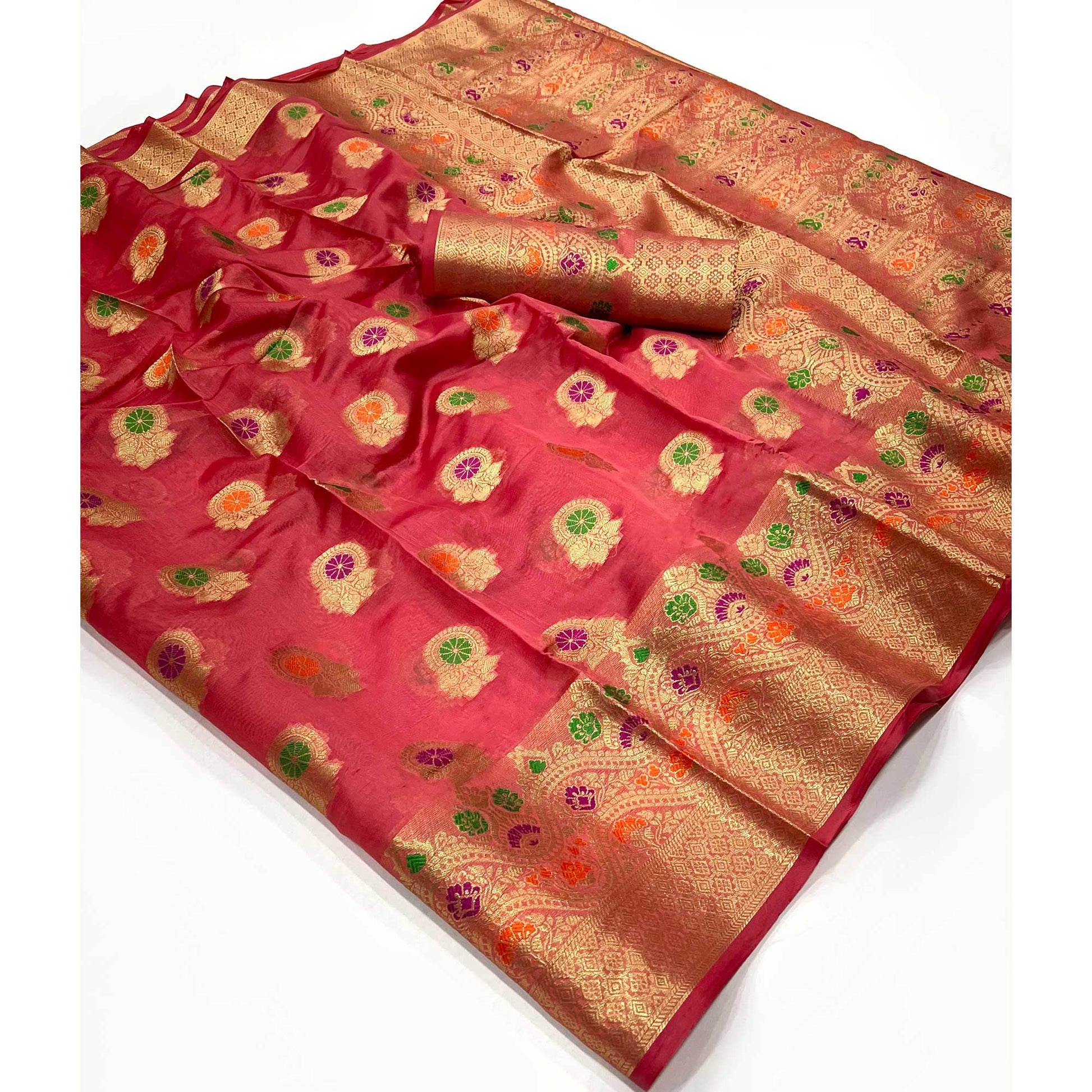 Gajari Pink Floral Woven Organza Saree