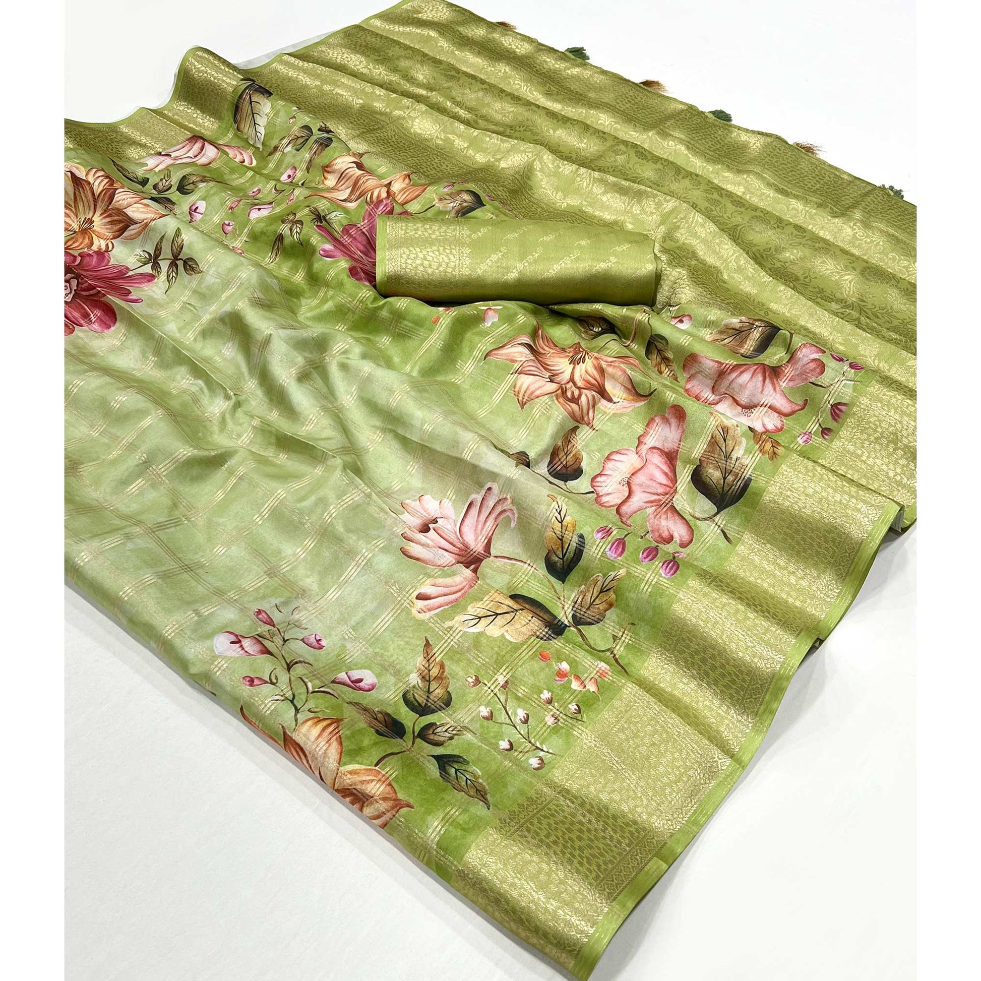 green-woven-with-floral-digital-printed-fancy-fabric-saree