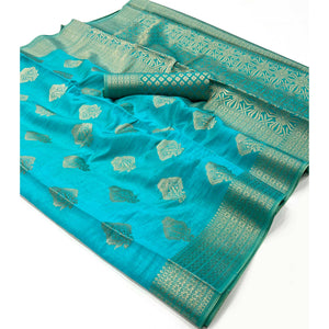 Blue Zari Woven Raw Silk Saree