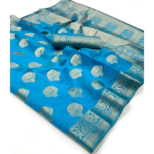 Blue Zari Woven Raw Silk Saree