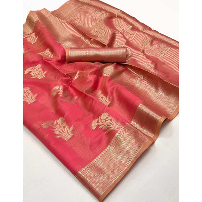 Gajari Pink Zari Woven Raw Silk Saree