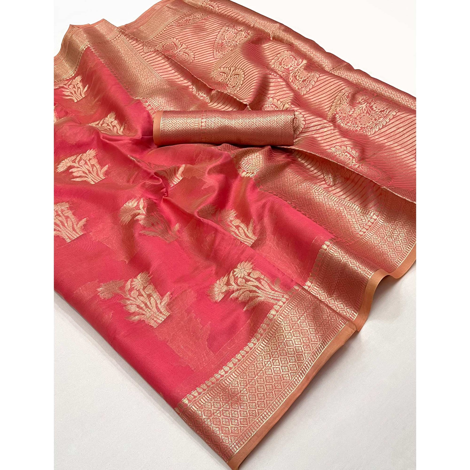 Gajari Pink Zari Woven Raw Silk Saree