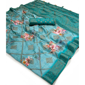 Blue Woven With Floral Digital Printed Raw Silk Saree