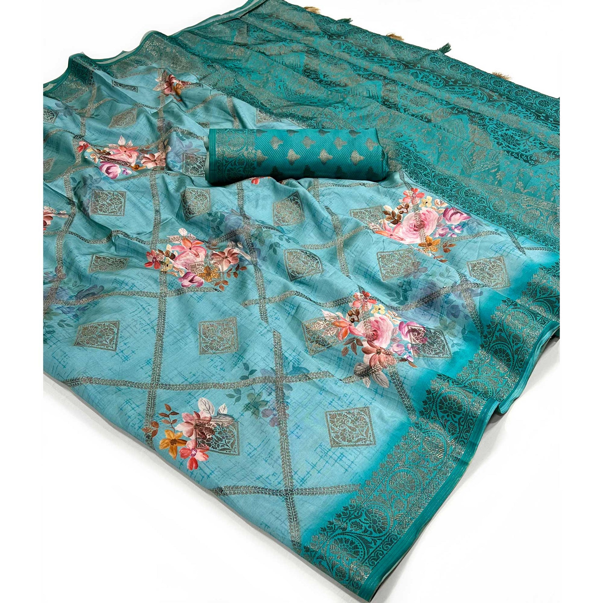 Blue Woven With Floral Digital Printed Raw Silk Saree