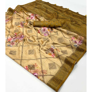 Chikoo Woven With Floral Digital Printed Raw Silk Saree