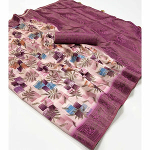 Mauve Woven With Floral Digital Printed Raw Silk Saree