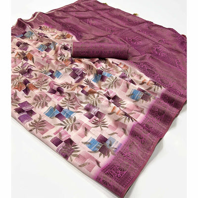 Mauve Woven With Floral Digital Printed Raw Silk Saree