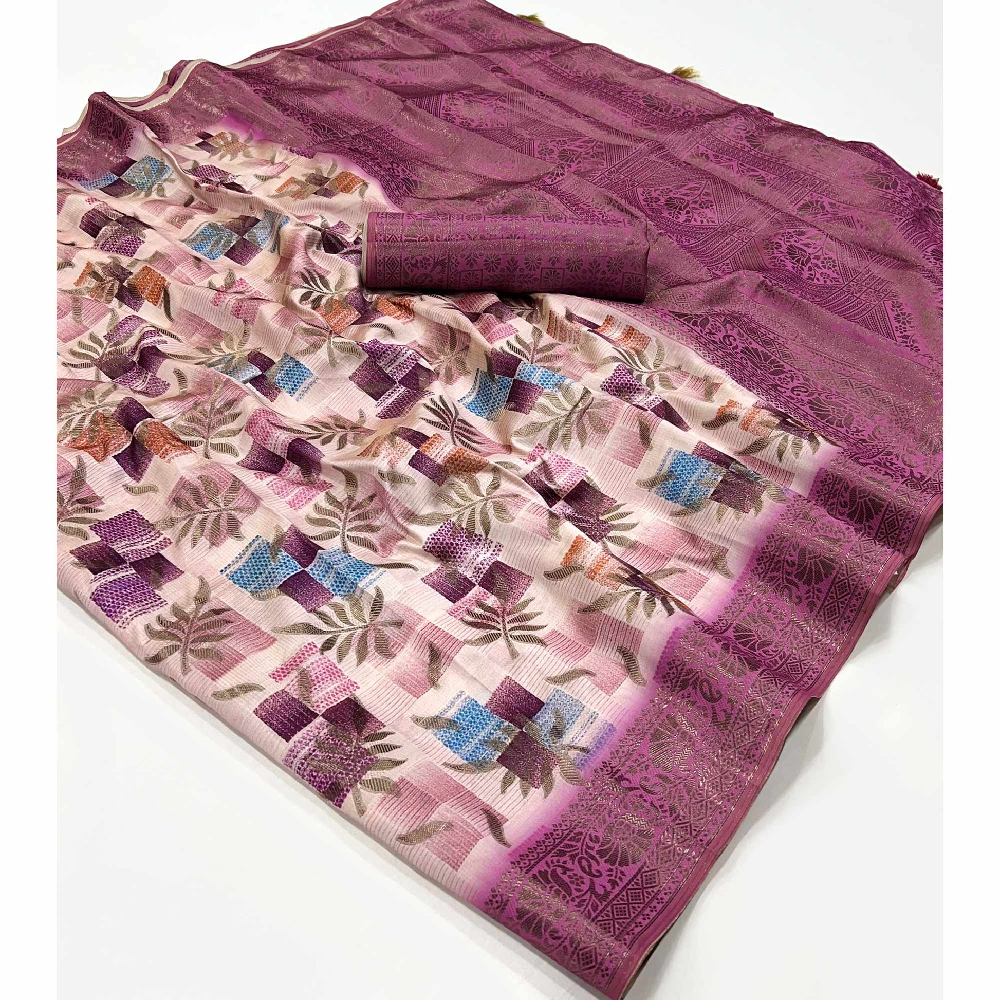 Mauve Woven With Floral Digital Printed Raw Silk Saree