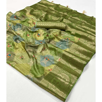 green-woven-with-floral-digital-printed-raw-silk-saree