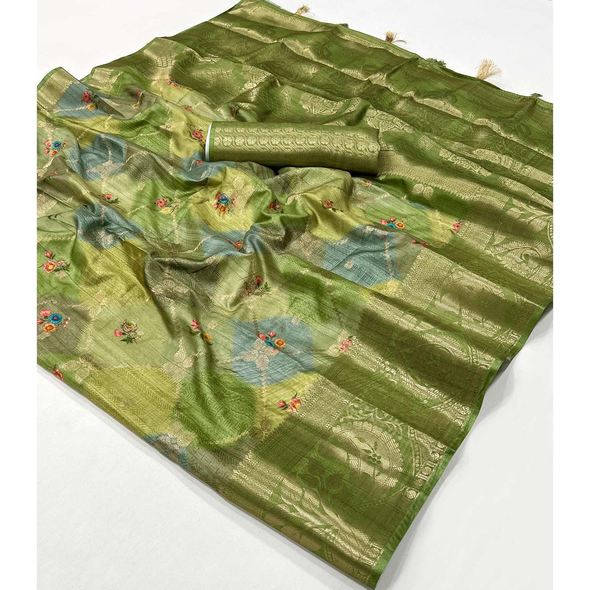 green-woven-with-floral-digital-printed-raw-silk-saree