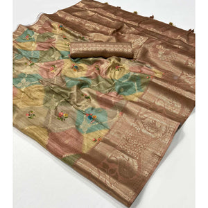 Brown Woven With Floral Digital Printed Raw Silk Saree