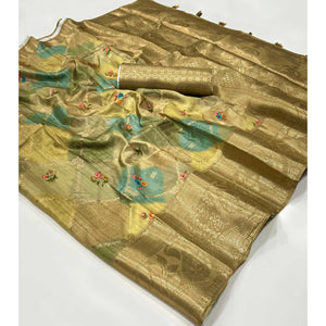 Chikoo Woven With Floral Digital Printed Raw Silk Saree