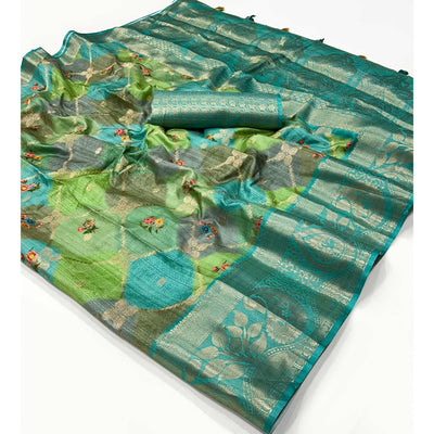 Blue Woven With Floral Digital Printed Raw Silk Saree