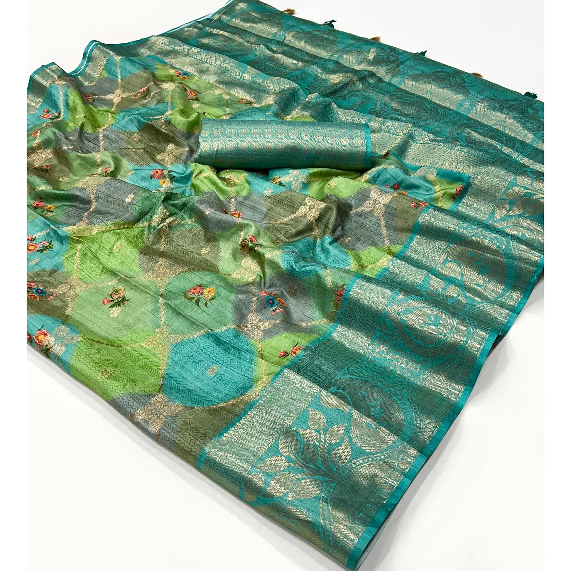 Blue Woven With Floral Digital Printed Raw Silk Saree