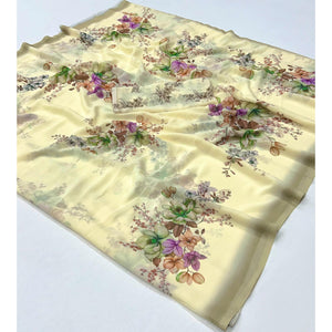 Cream Floral Digital Printed Georgette Saree